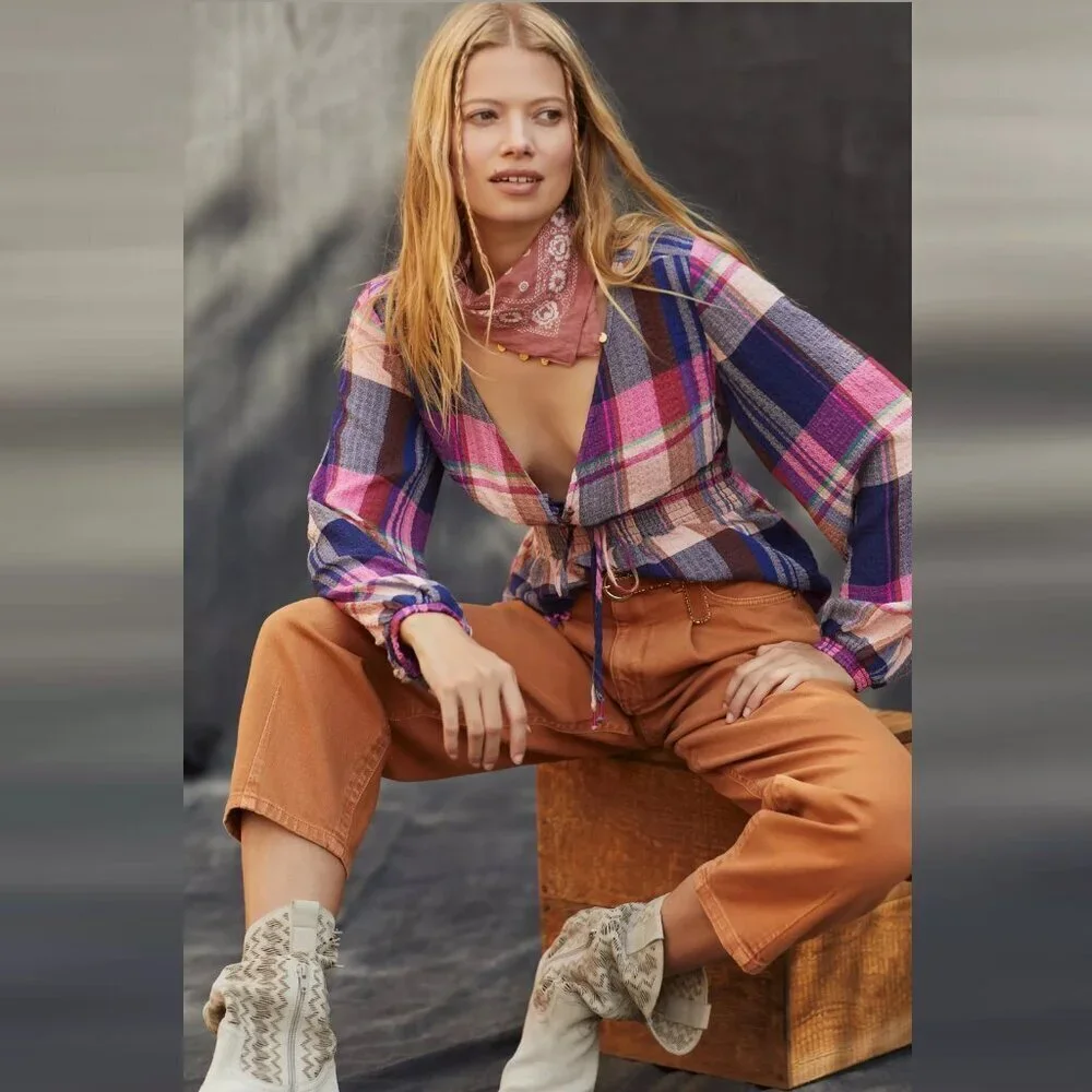 NWT New $98 Pilcro Plaid Deep-V Blouse Size XL
